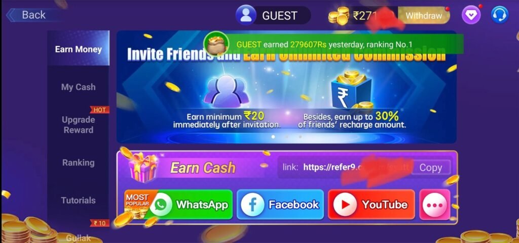 Referal Earning in Teen patti master New version apk